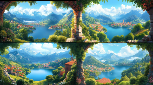 宁静乡村景色，湖泊居中心，深蓝湖水，绿山丘树木环绕，红顶小镇在湖边，远景山脉，岩石框架，自然美，暖光，全景，写实。