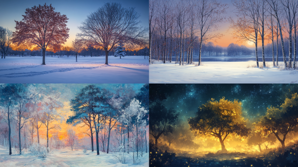 初冬夜色，微风轻拂，自然光线勾勒，画面中央树木摇曳，唯美意境，高清画质，全景，暖冷色调交织，静谧。