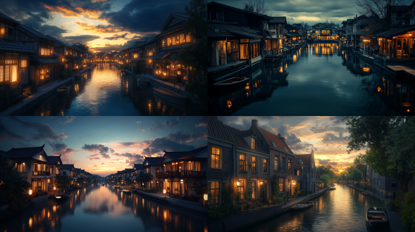 水乡小镇夜色，对称构图，河道屋舍错落，暖黄自然光线，微风轻拂，全景高清，暖色调，温馨唯美，自然环境。
