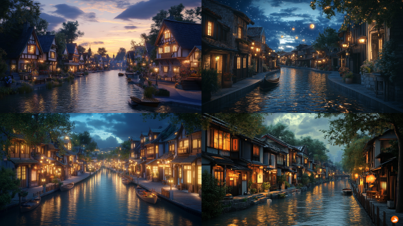 水乡小镇夜色，河道屋舍错落，暖黄自然光线，微风轻拂，近景高清，暖色调，温馨唯美，自然环境。