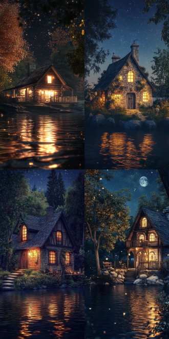 河道古代独栋小屋，夜景，微风轻拂，近景高清，暖色调，温馨唯美，自然环境。