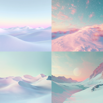 真实摄影3d渲染全景，白雪沙丘低角度，空灵天空渐变背景，冷暖色调对比，鲜艳色彩，现实主义奇幻灵感。