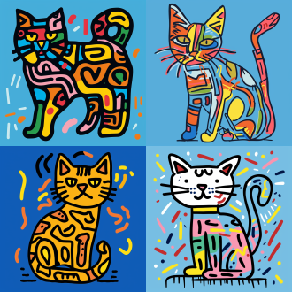 全身猫简笔插画，蓝色背景，keith haring风涂鸦，马克笔绘制，粗线条纯色，细节简约，极简风，平光，鲜明色彩，活泼。