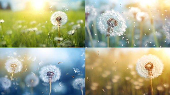 蒲公英，中心构图，草地场景，清新风，微距镜头，顶光，柔和色彩，绒毛飘飞，宁静氛围，生机勃勃。