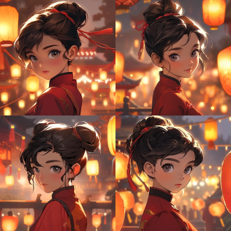 魔童哪吒风格动漫女孩，自信站立，黑短发双发髻配红丝带，红金服饰与灯笼裤，暖日落背景，三分法构图，cgi渲染，特写镜头，逆光，欢快。