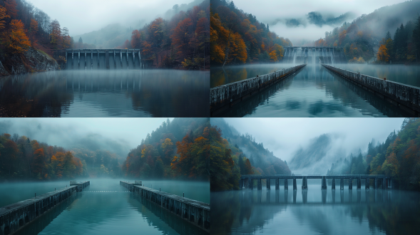 山谷水坝，对称构图，低饱和度，雨雾环境，长焦镜头，散射光，静态，水坝山谷元素，朦胧，宁静。 维伦纽瓦