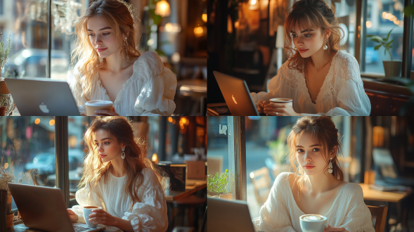 职场女性窗边咖啡馆，垂坠白裙大波浪配珍珠耳饰，手持咖啡与电脑互动，暖光，浅景深，温馨氛围，中长焦镜头。