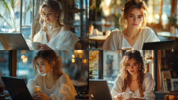 职场女性窗边咖啡馆，垂坠白裙波浪发配珍珠耳饰，手持咖啡与电脑互动，暖光，浅景深，温馨氛围，中长焦镜头。