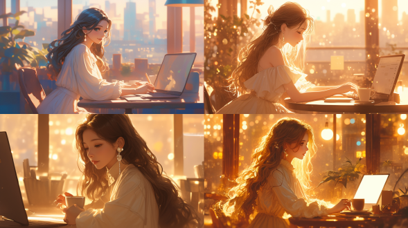 职场女性窗边咖啡馆，垂坠白裙大波浪配珍珠耳饰，手持咖啡与电脑互动，暖光，浅景深，温馨氛围，侧光，近景。