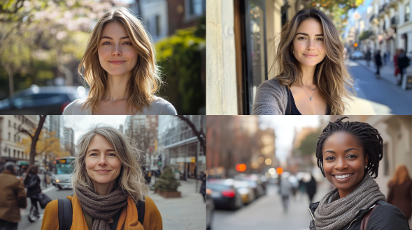 35岁女子街头自拍，微笑看镜头，休闲装，iphone拍摄，无虚化背景，3:4比例，原色风格，2017年snapchat风，自然光，轻松。