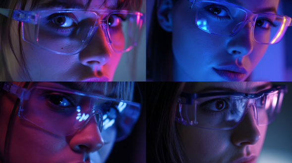 戴电子屏眼镜少女近景照，赛博朋克风，三分法构图，蓝紫色氛围光，特写镜头，冷色调，正面光，凝视，科技感。