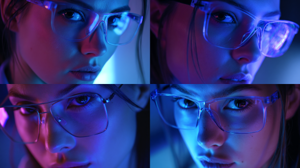戴电子屏眼镜少女近景照，赛博朋克风，三分法构图，蓝紫色氛围光，特写镜头，冷色调，正面光，凝视，科技感。