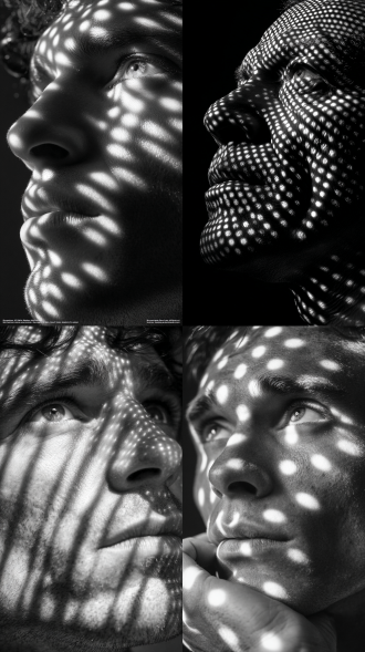 high-contrast beams of light pierce through a perforated object, casting bold dots and elongated lines across the face of a contemplative man in this hyper-detailed black-and-white close-up portrait. the projected pattern wraps realistically around the contours of his skin