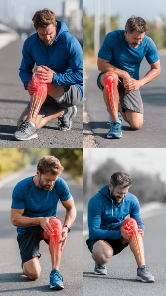 real photo 35 year old caucasian male wearing blue running sportswear sitting on road holding one knee in pain. facial expression shows discomfort. knee glows red indicating pain, in medical illustration style, bones in knees and location of pain cause are visible. full body, realistic style, daylight. high detail, hyperrealistic