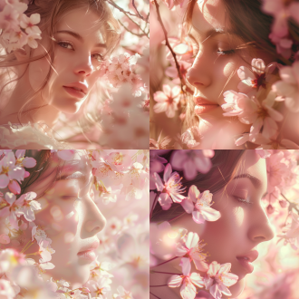 美女头像在粉嫩樱花中，插画风格，头部特写，浅景深，暖色调，侧逆光，梦幻氛围，高清画质。