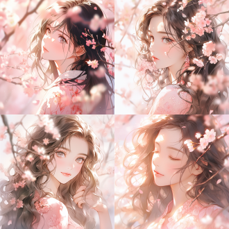 美女头像于粉嫩樱花中，插画风格特写，浅景深，暖色调侧逆光，梦幻氛围，高清画质，柔和色彩，恬静神情。