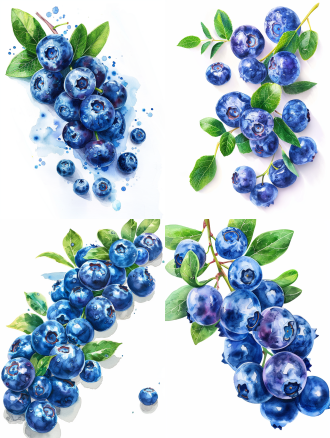 一串新鲜欲滴的蓝莓，颗颗饱满，叶子点缀。白色背景，画面居中，光影，水彩风格，高清
