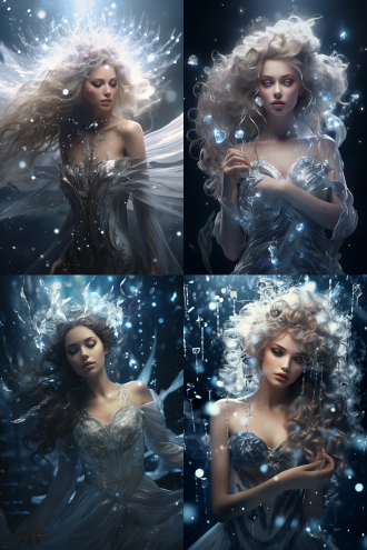 如精灵般的女子，头戴羽毛发饰，身穿银色丝绸质地长裙，眼睛如蓝宝石一般，周围漂浮着气泡，高清，4k画质
