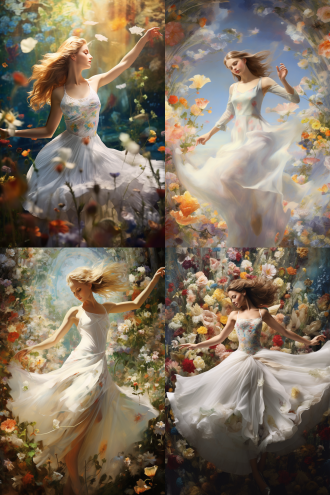 翩翩起舞的女子，穿着白色紧身舞裙，在花海中起舞，高清