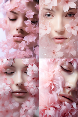 美女，大头照，粉色花朵遮盖部分面部，皮肤晶莹剔透，胶质感，白色背景，清晰，整体柔和画面