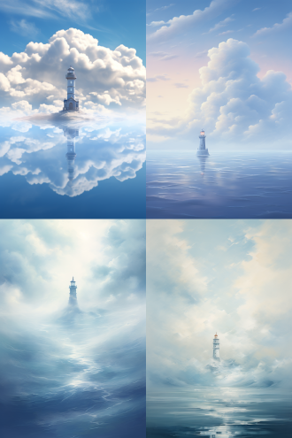 空灵的云景天堂中一座孤零零的灯塔，云朵形成奇异的形状，轻轻地漂浮在宁静的海面上。采用柔和的青花瓷和奶油色，在这幅天空之境中传达出宁静和梦幻的感觉