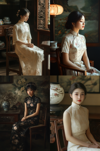 传统中国水墨画风格中国女子，身穿旗袍端坐在木质椅子上，居中构图，细节清晰，淡雅色彩，室内案几旁，长焦镜头，顶光，静卧，悠然。