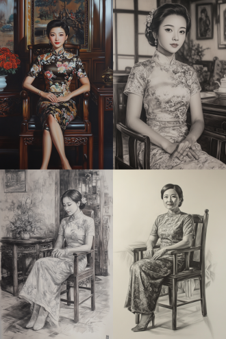 传统中国铅笔画风格中国女子，身穿旗袍端坐在木质椅子上，居中构图，细节清晰，淡雅色彩，室内案几旁，长焦镜头，顶光，静卧，悠然。