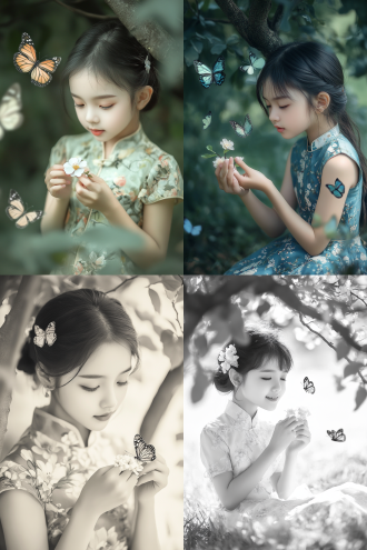 铅笔画风格可爱女孩，身穿小旗袍，手上拿着一朵花，站在树下玩耍。四周有两三只蝴蝶飞舞，三分构图，细节清晰，淡雅色彩，，长焦镜头，顶光，淡雅。