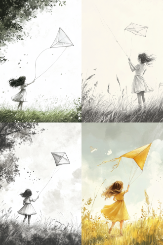铅笔画风格可爱女孩在草地上放风筝，三分构图，细节清晰，淡雅色彩，中景，简约