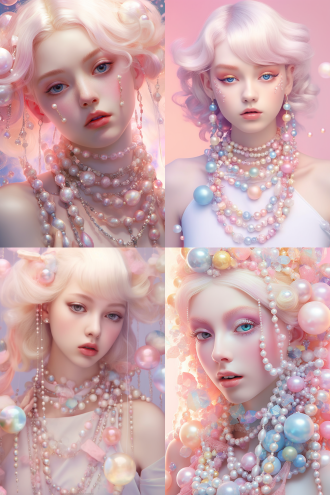 美丽的美少女与珍珠和水晶，粉红色的光柔和的审美，超逼真的摄影，可爱的卡哇伊风格，柔和的焦点在脸上，柔和的颜色，柔和的粉红色，柔和的阴影，柔和的彩虹色调，全息彩虹，白色的背景，高分辨率，超细节，超现实主义，数字艺术，动漫艺术，精致的细节，复杂的细节，杰作