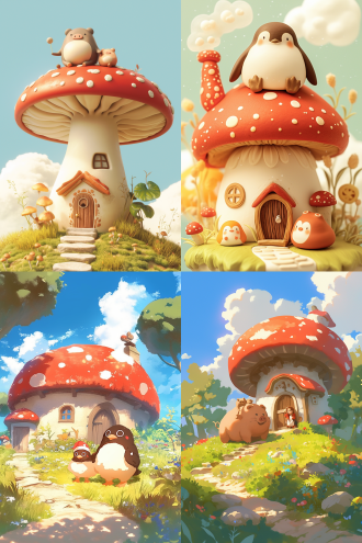 童话绘本，粘土风格，在一条乡间小路上，一只棕色的小企鹅和一只小猪坐在一个红色的大蘑菇上，角色有圆润的线条，他们身后是一个饼干屋，周围环绕着白云，画面具有电影质感，柔和的光线。