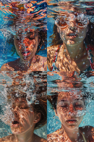一幅女性在泳池水下的全身油画，捕捉到了她在水下皮肤和头发上的精细细节，水面反射出鲜艳的色彩。她的鼻子冒出了气泡。这幅画运用了焦点堆叠技术来展现细腻的纹理，以俯视视角描绘了一个夏日场景，光线富有动感，画面充满阳光且生机勃勃。