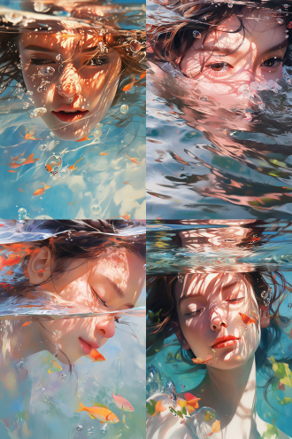 一幅女性出水的画面，脸上有水珠淌下，水面反射出鲜艳的色彩。这幅画运用了焦点堆叠技术来展现细腻的纹理，以平视视角描绘了一个夏日场景，光线富有动感，画面充满阳光且生机勃勃。