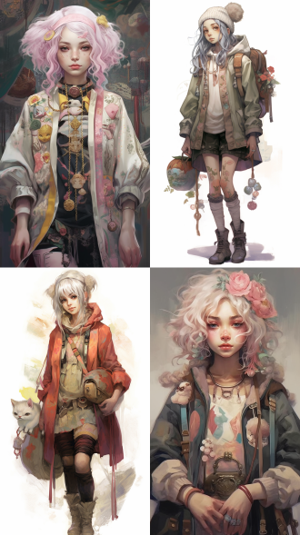 一张女孩的图片，具有淡雅色调的风格，融合了时尚系、野性风、晕涂法的特点，带有挪用艺术的元素，呈现出迷人的动漫角色风格，同时也具备隐士朋克的韵味。