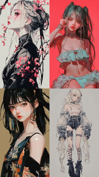 一张女孩的图片，具有淡雅色调的风格，融合了时尚系、晕涂法的特点，带有挪用艺术的元素，纯色背景，呈现出迷人的动漫角色风格，同时也具备隐士朋克的韵味。