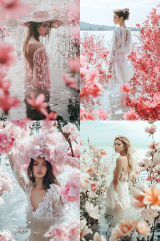 一个时尚女模特身着时尚服饰，站在湖中，天气晴朗，周围有鲜花，画面色调为白色和粉色，画面复杂精细，照片风格。