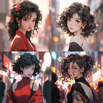 酷飒中国美女，微卷头发，深邃的眼睛，动感，热闹的街头，半身，景深