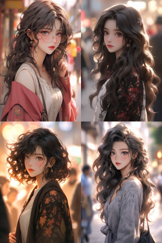 酷飒中国美女，微卷头发深邃眼，半身照，热闹街头，对角线构图，暖光，大光圈景深，动感，时尚，冷色调。