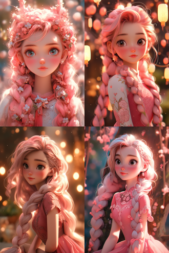 留辫东亚3d女孩，大圆眼小鼻雀斑唇红，粉红发穿童话粉裙，梦幻场景，超广角，暖光，甜美，异想天开。