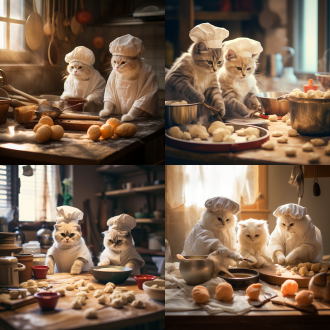 猫包饺子，温馨厨房，柔和光线，近景镜头，自然光，专注表情，白色围裙，面团与猫爪，温暖色调，家庭氛围。