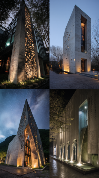 建筑主体外观/月蚀纹混凝土幕墙/青铜经文蚀刻洞穴/星轨穿孔光瀑系统/风化的时间丝绸/悬浮萤石观测舱/甲骨文呼吸立面的呢喃/青苔水墨长卷徐徐展开