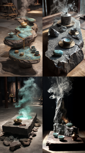 琉璃地质断层吧台/茶烟拟态云海装置/陨铁锻造的茶则/青瓷裂纹扩香器/月相投影茶席/风化岩音钵共鸣系统/甲骨占梦仪式剧场/星图拓印工坊/青铜器铭文冥想洞/丝绸之路上升气流观星台/量子敦煌飞天全息舞蹈/时光包浆器物修复实验室