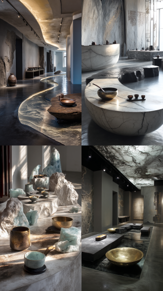 室内设计/琉璃地质断层吧台/茶烟拟态云海装置/陨铁锻造的茶则/青瓷裂纹扩香器/月相投影茶席/风化岩音钵共鸣系统/甲骨占梦仪式剧场/星图拓印工坊/青铜器铭文冥想洞/丝绸之路上升气流观星台/量子敦煌飞天全息舞蹈/时光包浆器物修复实验室/太空诗学/废墟未来主义/青铜赛博格/丝绸朋克/甲骨文抽象派/风化丝绸的光泽/青瓷裂纹中的星云