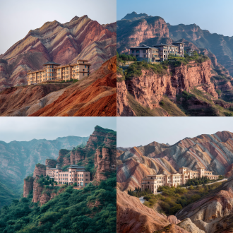 七彩丹霞山脉旁岩壁酒店野奢度假场景，对称构图，低饱和度，长焦顶光，极简东方宋式美学，画面宁静诱人。