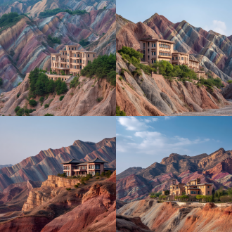 七彩丹霞山脉旁岩壁酒店野奢度假场景，对称构图，低饱和度，长焦顶光，极简东方宋式美学，宁静诱人。