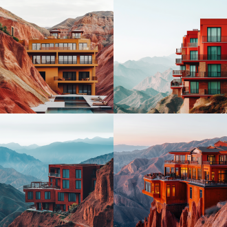 七彩丹霞山脉旁岩壁酒店，野奢度假场景，极简东方美学，对称构图，低饱和度，长焦镜头，顶光，宁静，诱人。