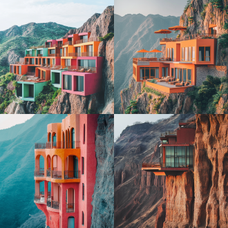 七彩丹霞山脉旁岩壁酒店，野奢度假场景，极简东方美学，对称构图，低饱和度，长焦镜头，顶光，宁静，诱人。