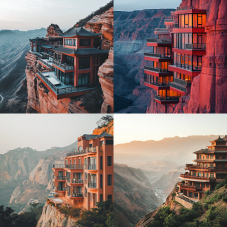 七彩丹霞山脉旁岩壁酒店野奢度假场景，对称构图，低饱和度，长焦镜头，顶光，极简东方美学，画面宁静诱人。