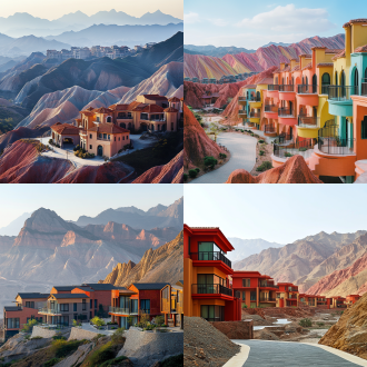 七彩丹霞山脉与岩壁酒店野奢度假场景，极简东方美学，对称构图，低饱和度，长焦镜头，顶光，画面宁静诱人。