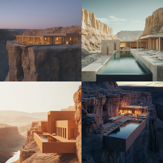 荒漠，岩壁酒店，野奢度假场景，极简东方美学，对称构图，低饱和度，长焦镜头，顶光，宁静，诱人。